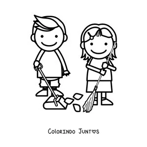 Desenho para colorir de duas criancas varrendo em casa