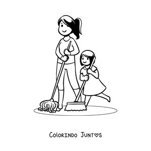 Desenho para colorir de uma mae e sua filha varrendo o chao