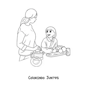 Desenho para colorir de uma mae e sua filha cozinhando
