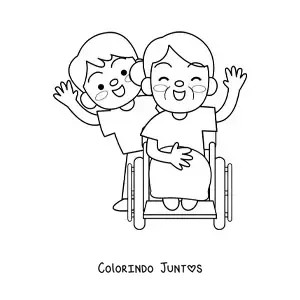 Desenho para colorir de uma vovó kawaii em cadeira de rodas conduzida pelo netinho