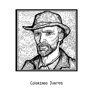 Desenho para colorir de uma caricatura do autorretrato de Van Gogh