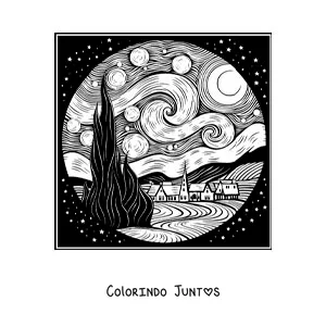 Desenho para colorir do quadro A noite estrelada de Vincent Van Gogh