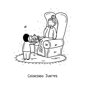 Desenho para colorir de uma vovó sentada enquanto o neto lhe serve chá