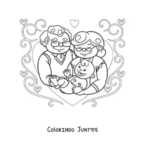 Desenho para colorir de um casal de avós carregando seu neto bebê