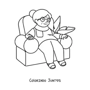 Desenho para colorir de uma vovó sentada em uma poltrona