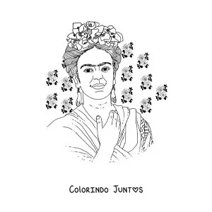 Desenho para colorir de um retrato de Frida Kahlo com flores
