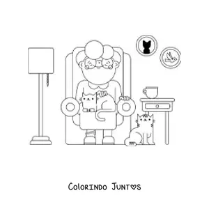 Desenho para colorir de uma vovó sentada em uma sala com gatos
