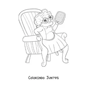 Desenho para colorir de uma vovó segurando um tablet