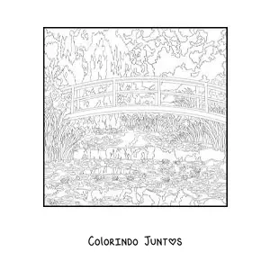 Desenho para colorir de quadro de Nenúfares de Claude Monet no estilo impressionista