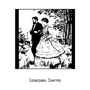 Desenho para colorir de retrato impressionista de um casal no estilo de Monet