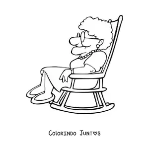 Desenho para colorir de uma vovó sentada de perfil em uma cadeira de balanço