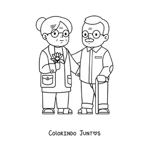 Desenho para colorir de uma vovó ao lado de um vovô com bengala