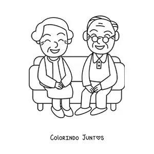 Desenho para colorir de uma vovó e um vovô sentados em um sofá
