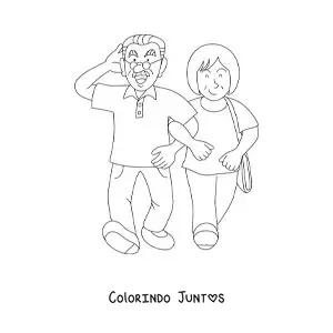 Desenho para colorir de uma vovó e um vovô caminhando juntos