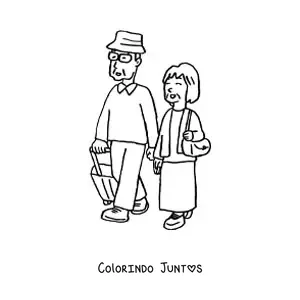 Desenho para colorir de uma vovó e um vovô com bagagem de viagem