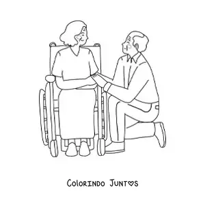 Desenho para colorir de um vovô ajoelhado ao lado de uma vovó em cadeira de rodas