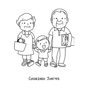 Desenho para colorir de um casal de avós levando o neto pela mão