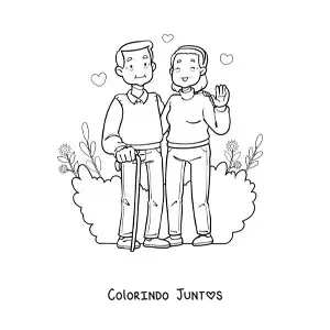Desenho para colorir de um casal de avós acenando alegres
