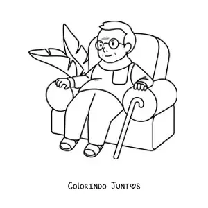 Desenho para colorir de um vovô com bengala sentado em uma poltrona