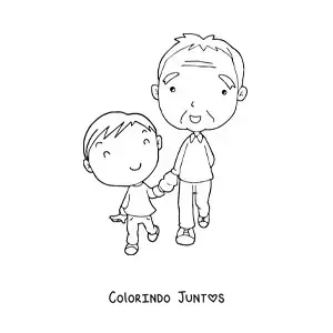 Desenho para colorir de um vovô kawaii em pé ao lado do neto