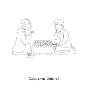 Desenho para colorir de um vovô brincando com seu neto