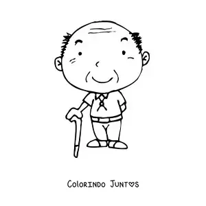 Desenho para colorir de um vovô kawaii sorridente em pé com uma bengala