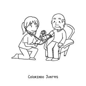 Desenho para colorir de um vovô em consulta médica ao lado de uma médica