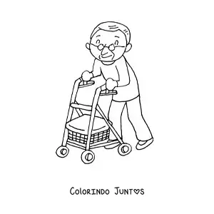Desenho para colorir de um vovô kawaii caminhando com um andador