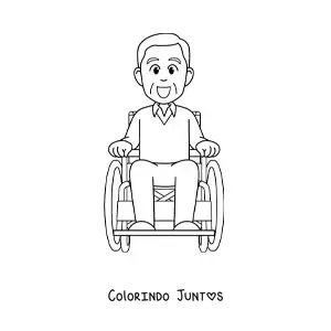 Desenho para colorir de um vovô kawaii sorridente em uma cadeira de rodas