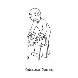 Desenho para colorir de um vovô com um andador