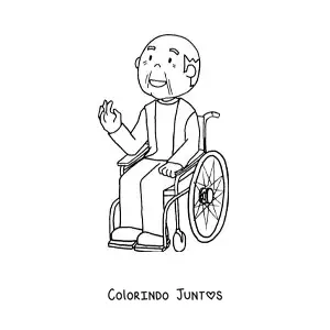 Desenho para colorir de um vovô em uma cadeira de rodas acenando