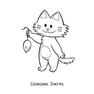 Desenho para colorir de um gato animado segurando um rato pela cauda