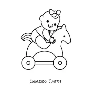 Desenho para colorir de uma bebê menina brincando em um cavalinho de brinquedo
