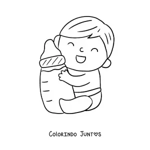Desenho para colorir de um bebê de fraldas abraçando uma mamadeira