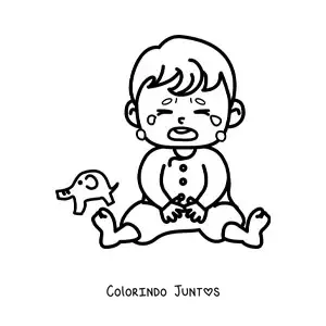 Desenho para colorir de um bebê sentado chorando ao lado de um brinquedo