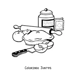 Desenho para colorir de uma torta de maçã com ingredientes, uma faca e um rolo de massa