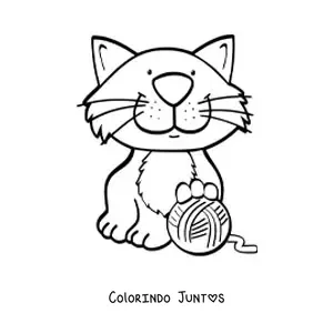 Desenho para colorir de um gato animado sentado brincando com um novelo
