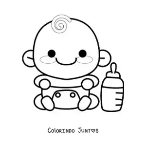Desenho para colorir de um bebê kawaii de fraldas ao lado de uma mamadeira