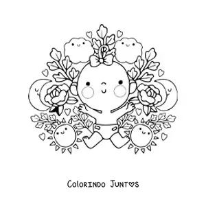 Desenho para colorir de uma bebê kawaii rodeada de flores animadas
