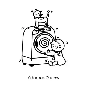 Desenho para colorir de um bebê brincando com um gato animado sobre uma secadora