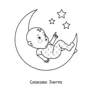 Desenho para colorir de um bebê deitado sobre a Lua olhando as estrelas