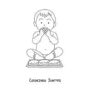 Desenho para colorir de um bebê sentado comendo com as mãos