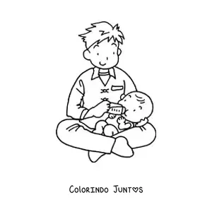 Desenho para colorir de um pai dando mamadeira a um bebê