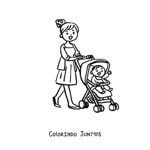 Desenho para colorir de uma mamãe passeando com o bebê no carrinho