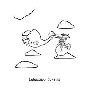 Desenho para colorir de uma cegonha voando carregando um bebê recém-nascido