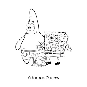 Desenho para colorir do Bob Esponja feliz junto com o Patrick e o Gary