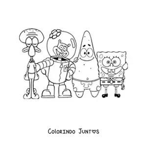 Desenho para colorir do Bob Esponja posando junto com seus amigos