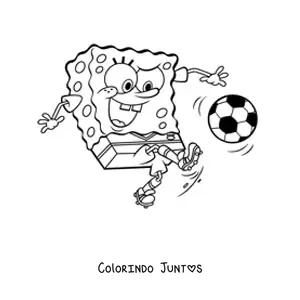 Desenho para colorir do Bob Esponja jogando futebol chutando uma bola