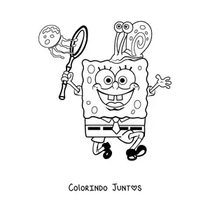 Desenho para colorir do Bob Esponja caçando águas-vivas com o Gary na cabeça