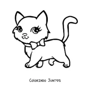 Desenho para colorir de um gato kawaii caminhando usando um laço